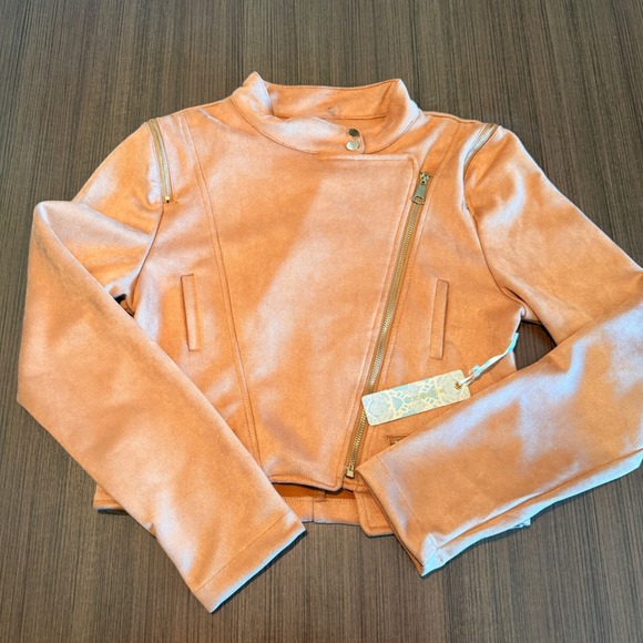 iris Jackets & Blazers - IRIS Moto Jacket Faux Suede Asymmetrical Zip M Peach Tan Biker Cropped